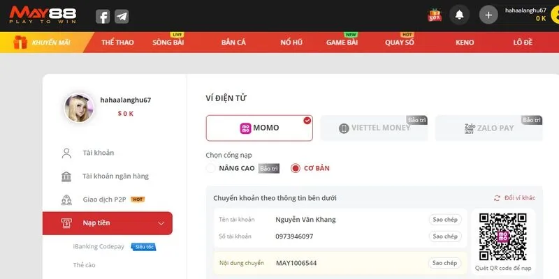 Thực hiện nạp tiền May88 bằng các loại ví điện tử rất tiện lợi